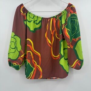 JuJu Julyen Top Women Small NEW Brown Green Hawaiian Off Shoulders Retro Hippie